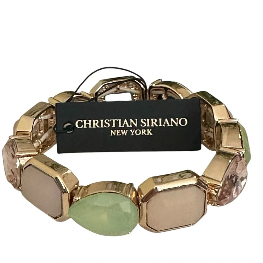 NWT Christian Siriano Gold Pink Iridescent Gem Glass Stone‎ Stretchy Bracelet!!